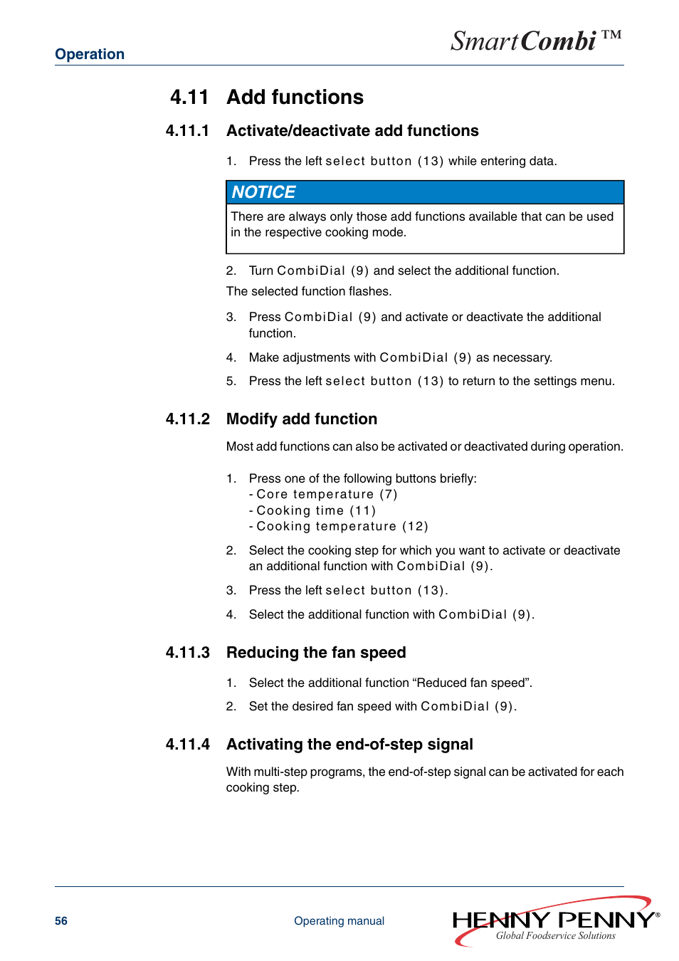 11 add functions, 1 activate/deactivate add functions, 2 modify add function | 3 reducing the fan speed, 4 activating the end-of-step signal, Smart combi, Notice | Henny Penny SMART COMBI FM05-061-A User Manual | Page 56 / 80