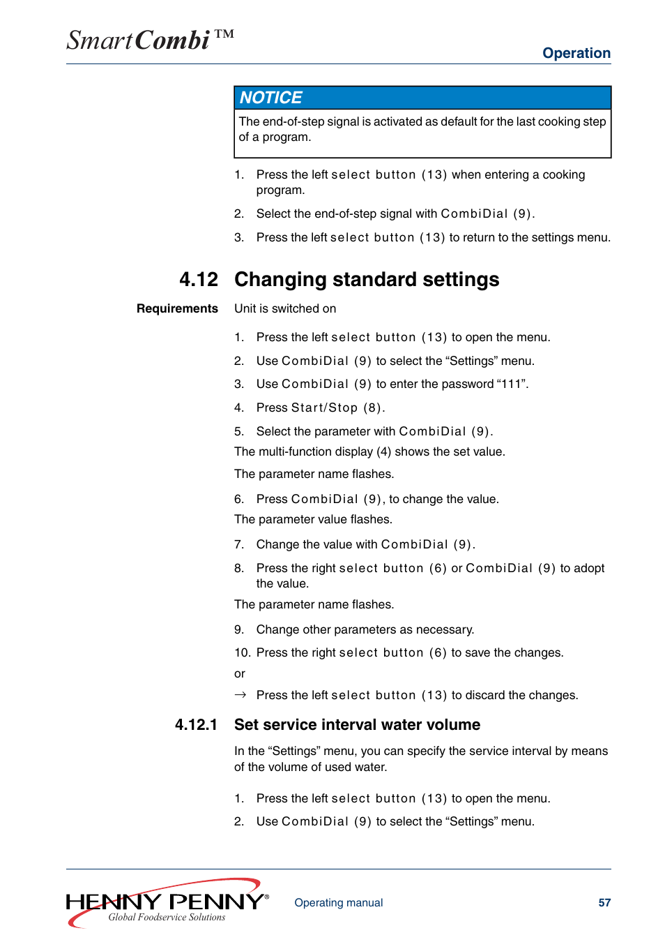 12 changing standard settings, 1 set service interval water volume, Smart combi | Notice | Henny Penny SMART COMBI FM05-061-A User Manual | Page 57 / 80