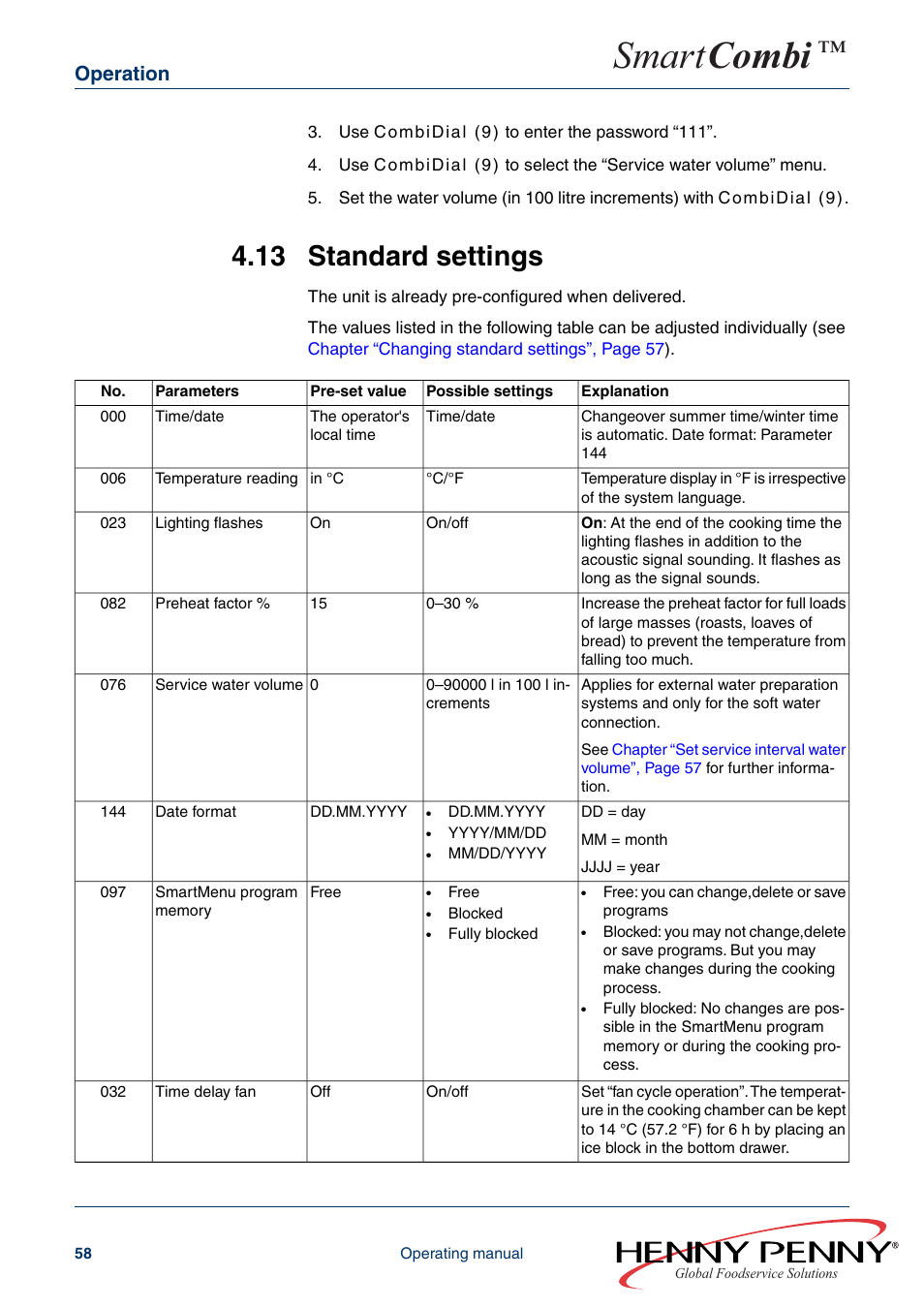 13 standard settings, Smart combi, Operation | Henny Penny SMART COMBI FM05-061-A User Manual | Page 58 / 80