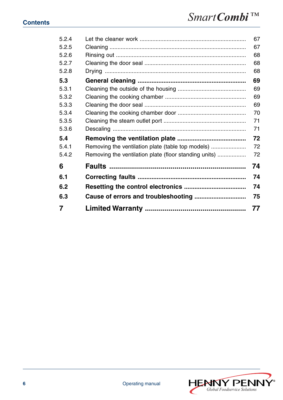 Smart combi, 74 faults, 77 limited warranty | Henny Penny SMART COMBI FM05-061-A User Manual | Page 6 / 80