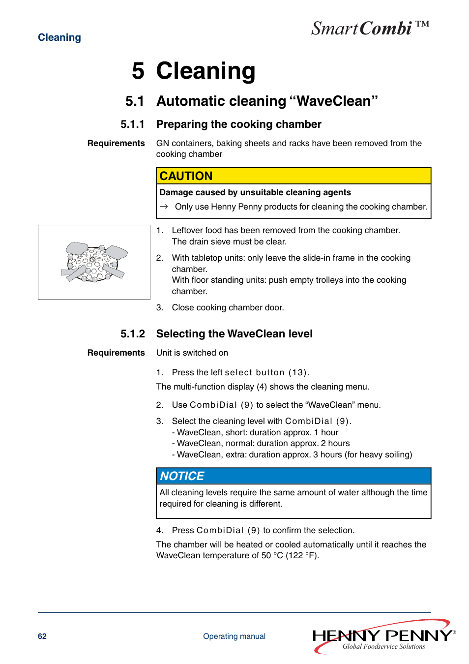 5 cleaning, 1 automatic cleaning waveclean, 1 preparing the cooking chamber | 2 selecting the waveclean level, Smart combi, 1 automatic cleaning “waveclean, Caution, Notice | Henny Penny SMART COMBI FM05-061-A User Manual | Page 62 / 80
