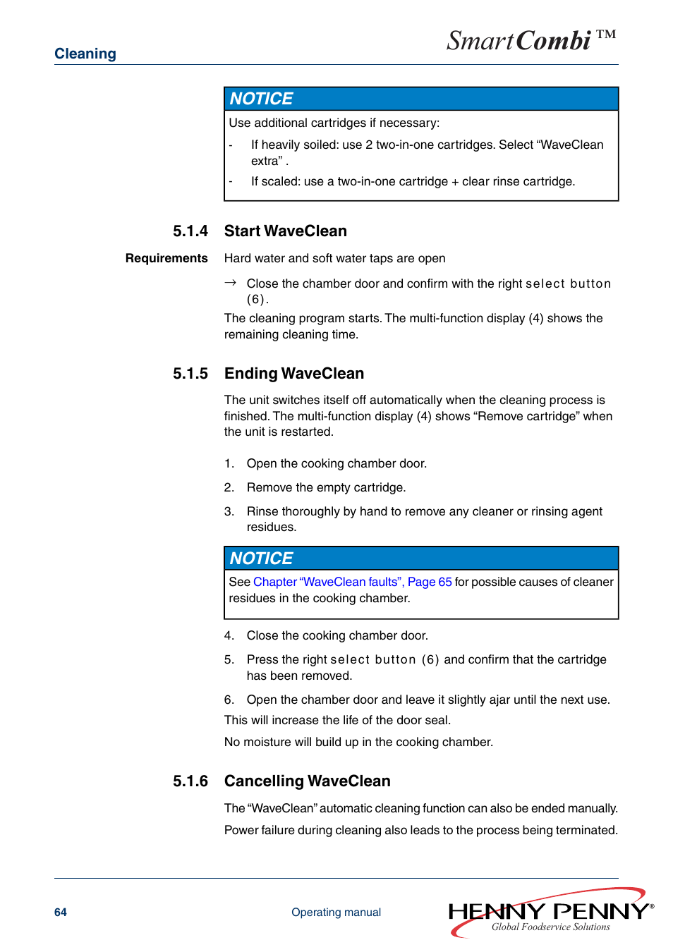 4 start waveclean, 5 ending waveclean, 6 cancelling waveclean | Smart combi, Notice | Henny Penny SMART COMBI FM05-061-A User Manual | Page 64 / 80