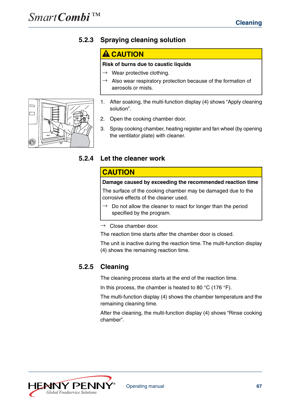 3 spraying cleaning solution, 4 let the cleaner work, 5 cleaning | Smart combi, Caution | Henny Penny SMART COMBI FM05-061-A User Manual | Page 67 / 80