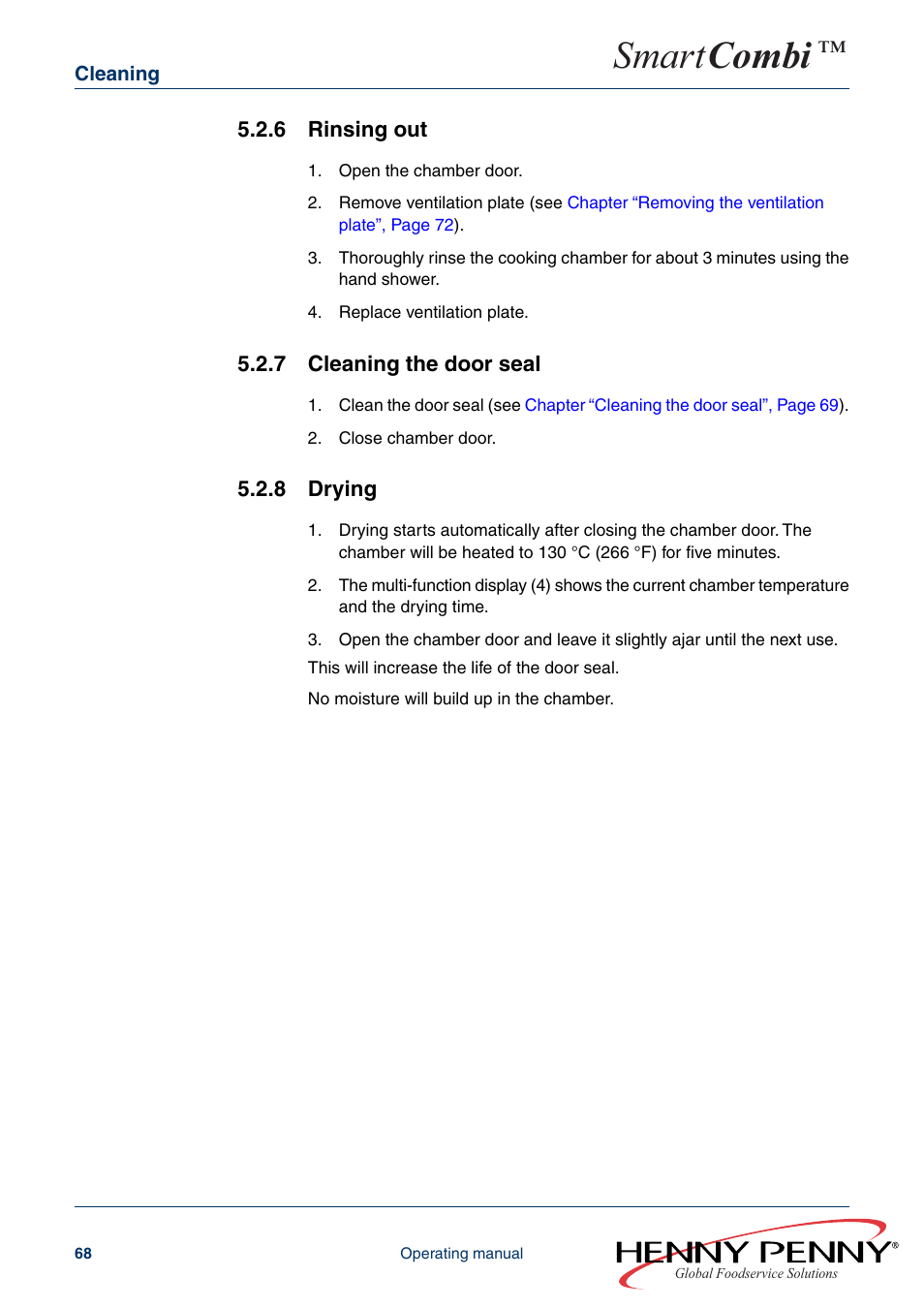 6 rinsing out, 7 cleaning the door seal, 8 drying | Smart combi | Henny Penny SMART COMBI FM05-061-A User Manual | Page 68 / 80