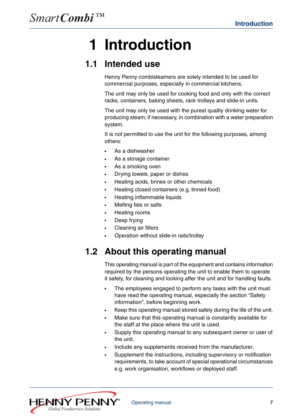1 introduction, 1 intended use, 2 about this operating manual | Smart combi, Introduction | Henny Penny SMART COMBI FM05-061-A User Manual | Page 7 / 80