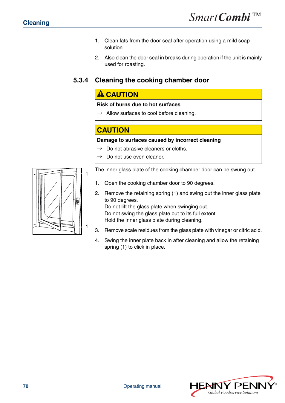4 cleaning the cooking chamber door, Smart combi, Caution | Henny Penny SMART COMBI FM05-061-A User Manual | Page 70 / 80
