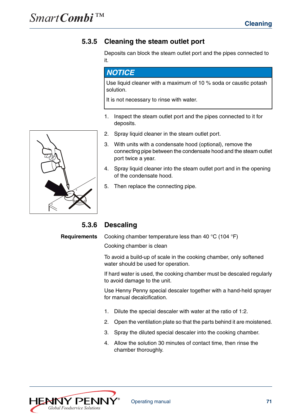 5 cleaning the steam outlet port, 6 descaling, Smart combi | Notice | Henny Penny SMART COMBI FM05-061-A User Manual | Page 71 / 80