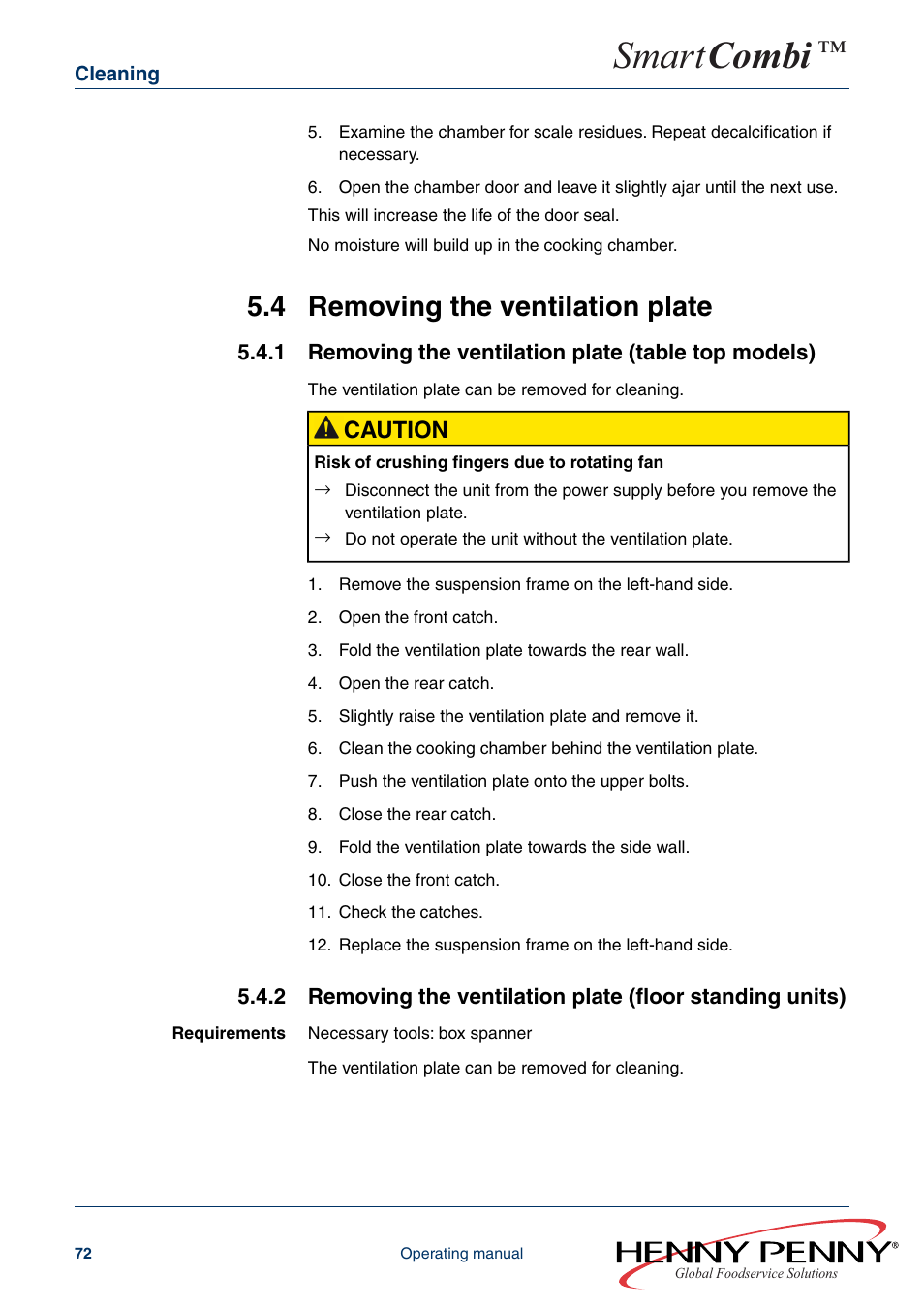 4 removing the ventilation plate, Entilation plate (see, Chapter “removing the ventilation | Smart combi, Caution | Henny Penny SMART COMBI FM05-061-A User Manual | Page 72 / 80