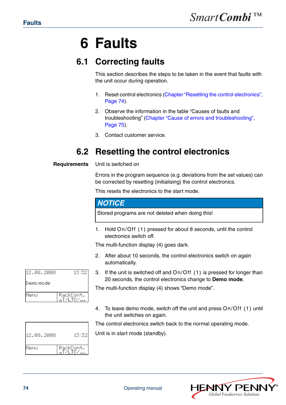 6 faults, 1 correcting faults, 2 resetting the control electronics | Smart combi, Notice | Henny Penny SMART COMBI FM05-061-A User Manual | Page 74 / 80