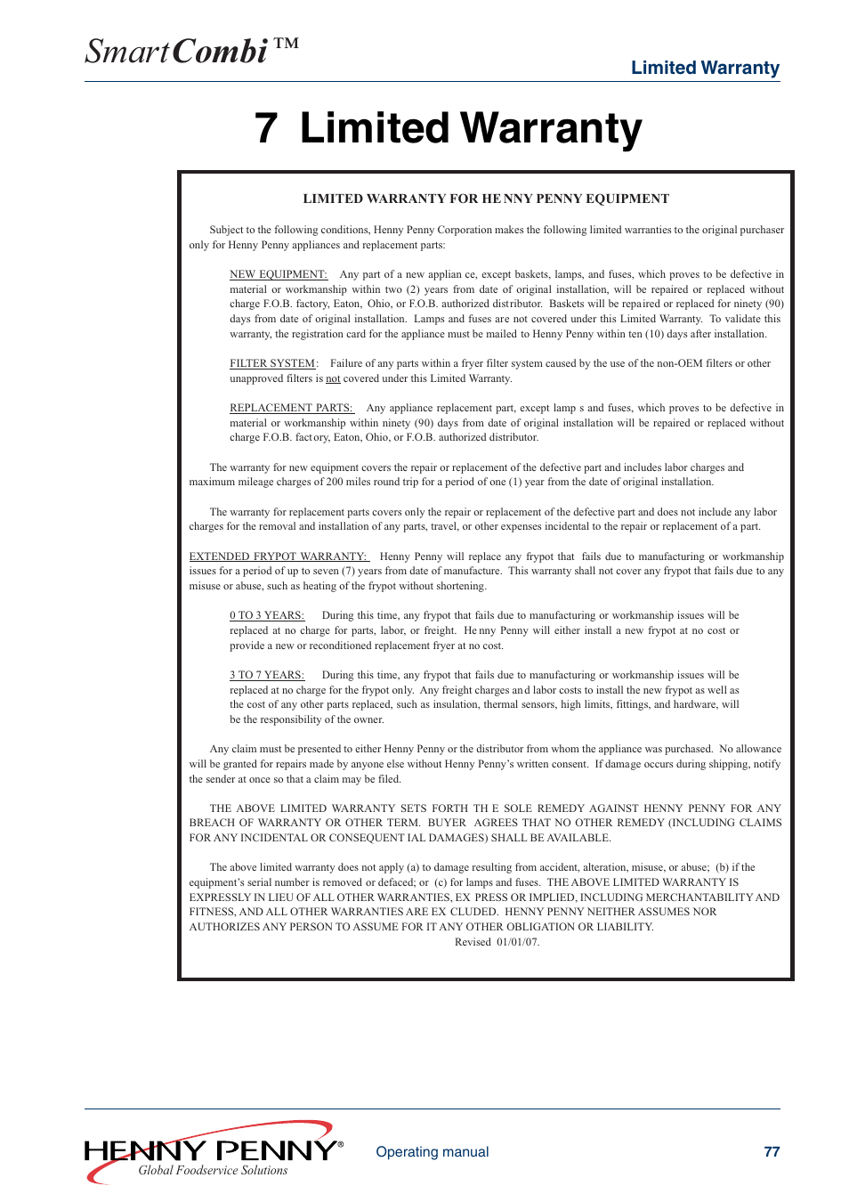 7 limited warranty, Smart combi, Limited warranty | Henny Penny SMART COMBI FM05-061-A User Manual | Page 77 / 80