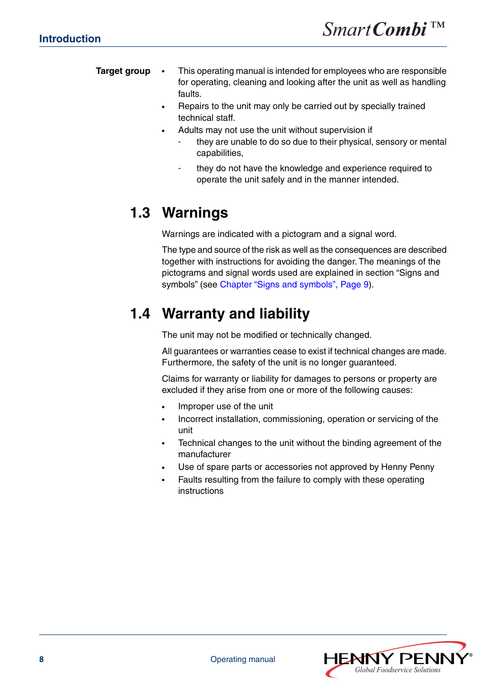 3 warnings, 4 warranty and liability, Smart combi | Introduction | Henny Penny SMART COMBI FM05-061-A User Manual | Page 8 / 80