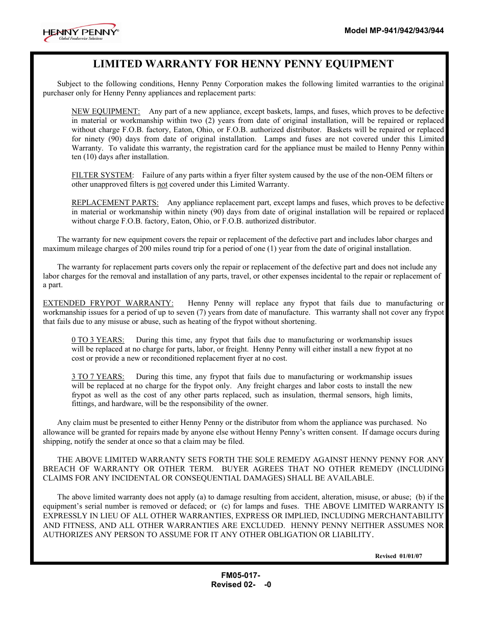 Limited warranty for henny penny equipment | Henny Penny MP-944 User Manual | Page 2 / 18