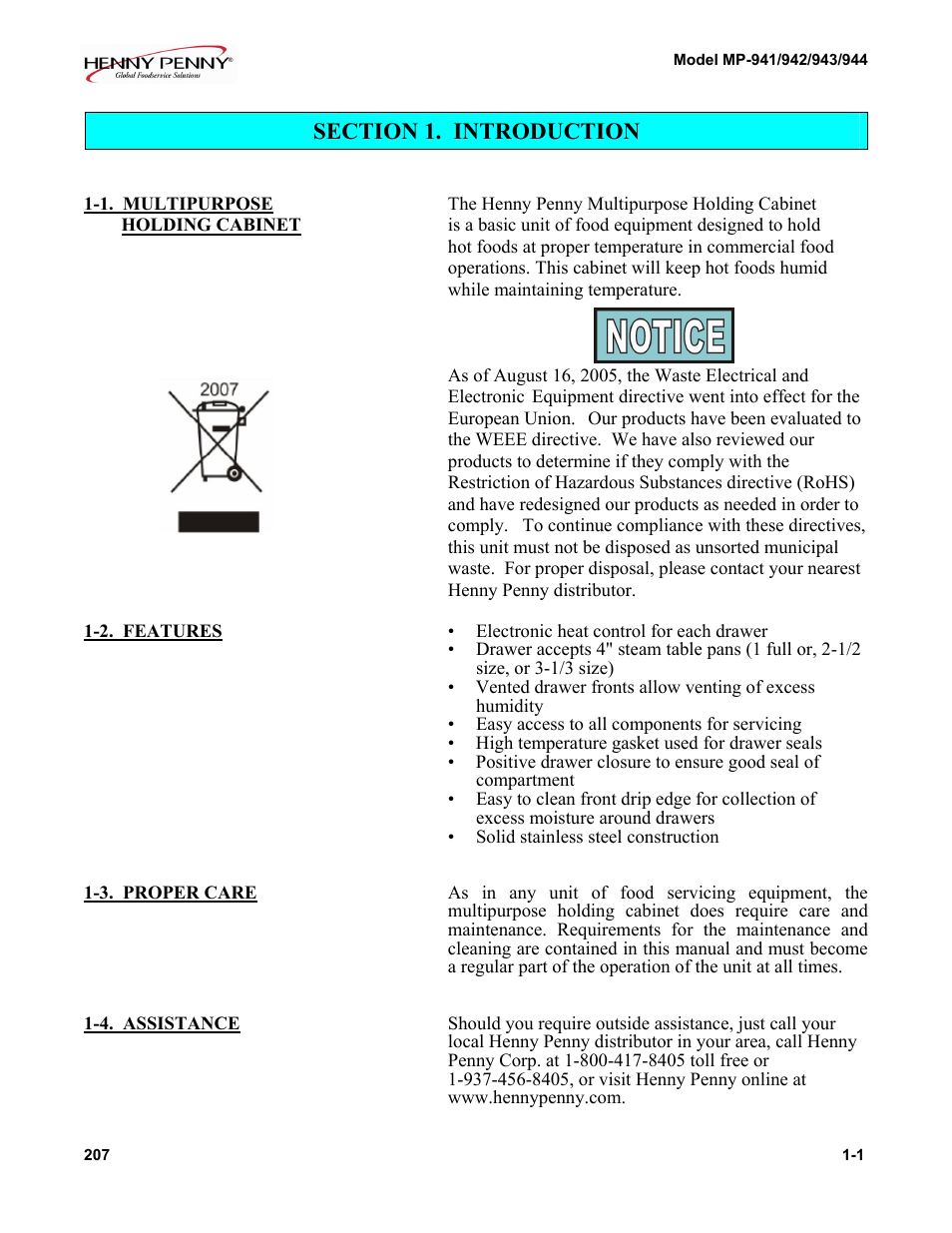 Section 1. introduction | Henny Penny MP-944 User Manual | Page 4 / 18