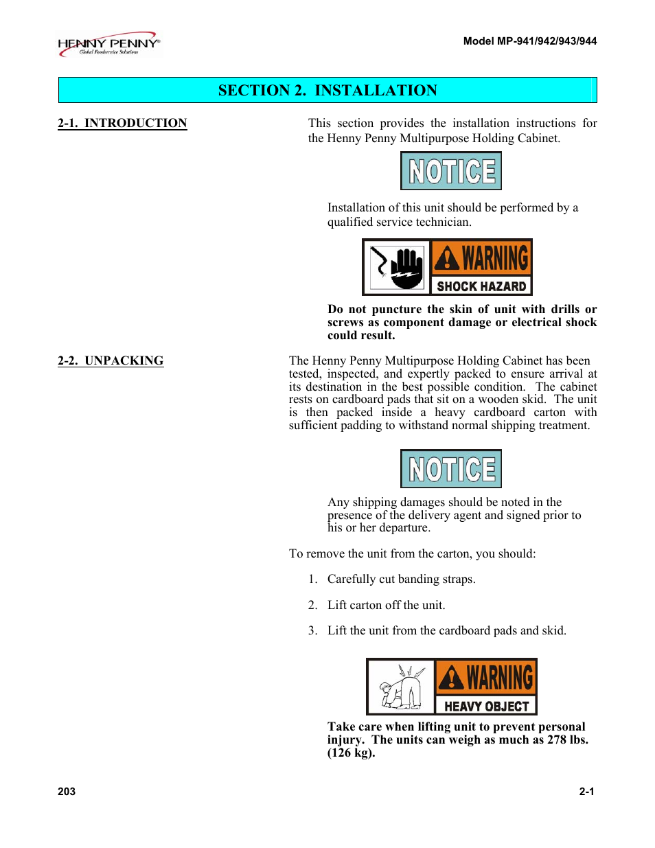 Section 2. installation, 1. introduction, 2. unpacking | Henny Penny MP-944 User Manual | Page 6 / 18