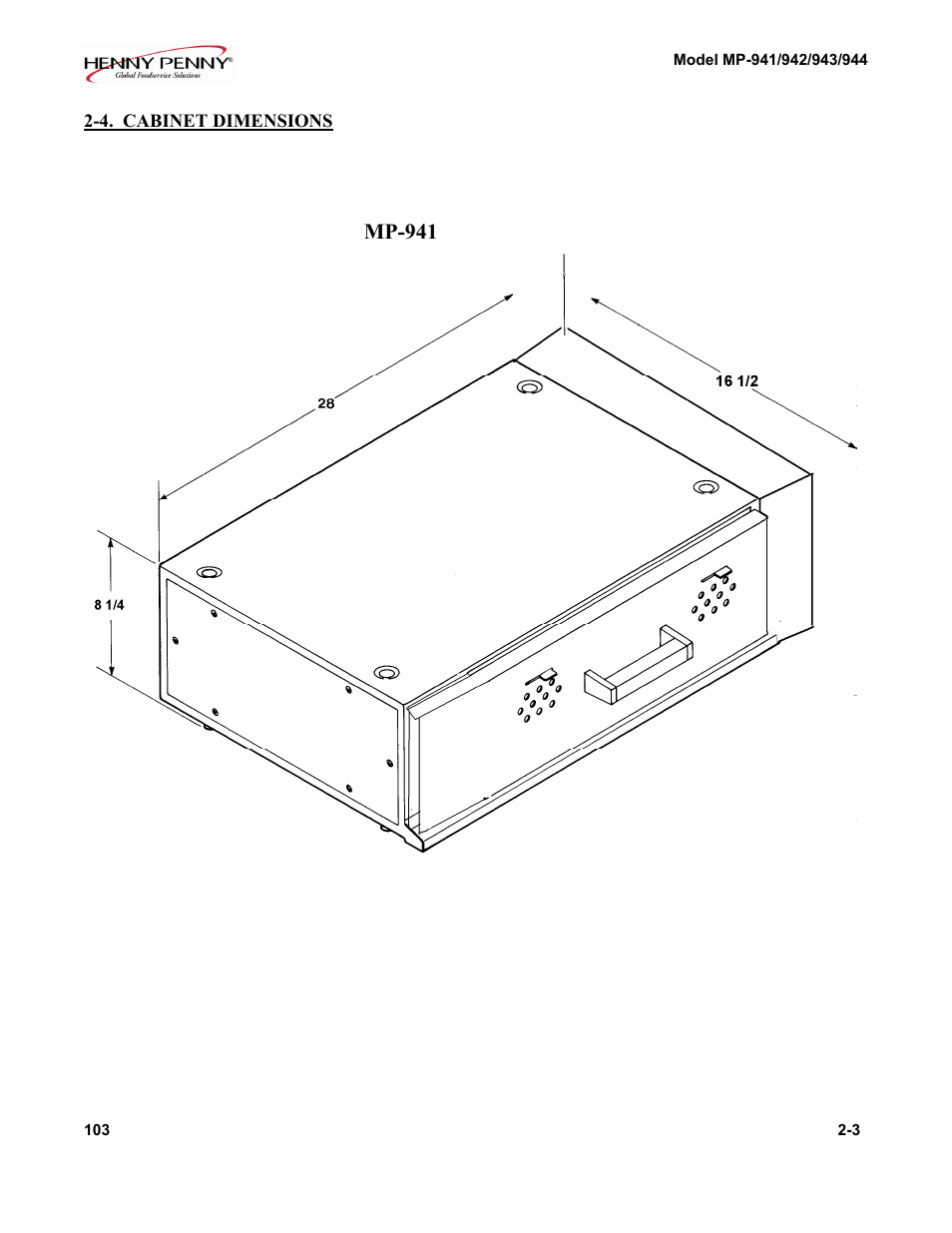 4. cabinet dim, Mp-941 | Henny Penny MP-944 User Manual | Page 8 / 18