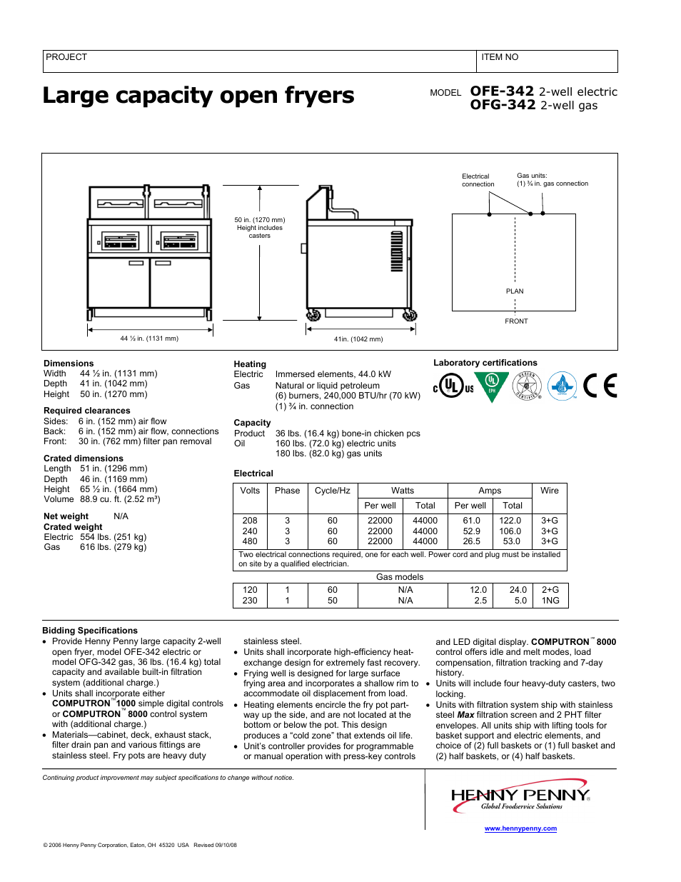 Large capacity open fryers, Ofe-342, Ofg-342 | Henny Penny OFE-342 User Manual | Page 2 / 2