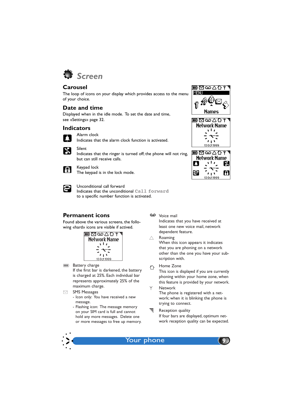 Screen, Carousel, Date and time | Indicators, Permanent icons, Een 9, Your phone | Philips GenieDB User Manual | Page 12 / 61