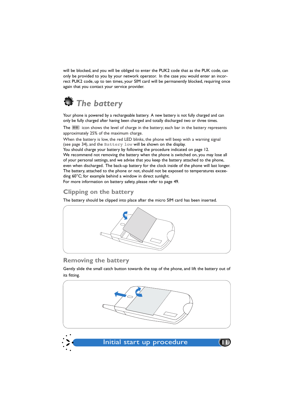 The battery, Clipping on the battery, Removing the battery | Initial start up procedure | Philips GenieDB User Manual | Page 14 / 61