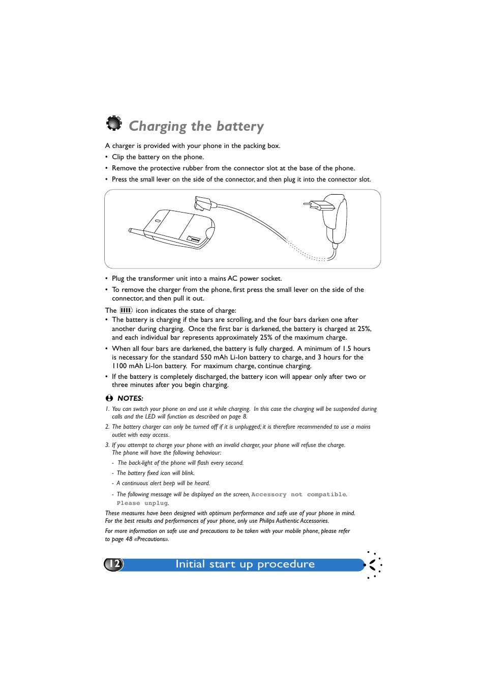 Charging the battery, Initial start up procedure | Philips GenieDB User Manual | Page 15 / 61