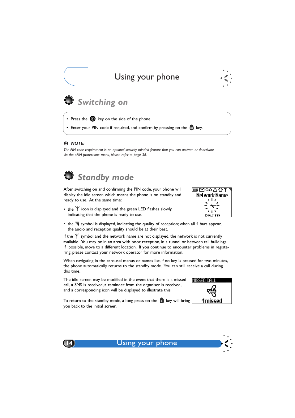 Using your phone, Switching on, Standby mode | Philips GenieDB User Manual | Page 17 / 61