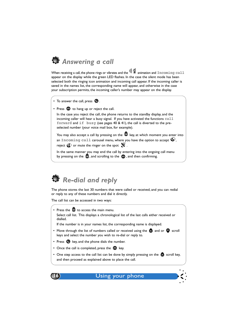 Answering a call, Re-dial and reply, Using your phone | Philips GenieDB User Manual | Page 19 / 61