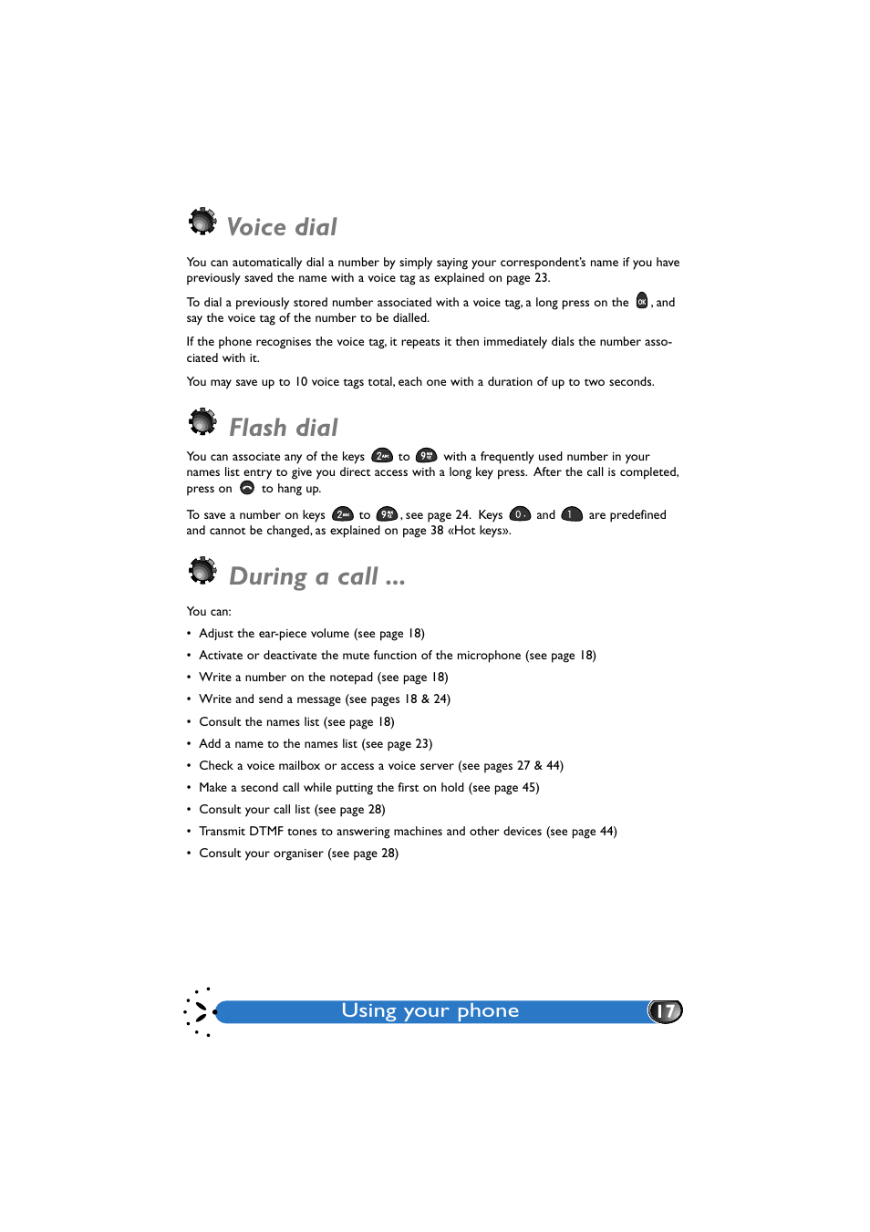 Voice dial, Flash dial, During a call | Using your phone | Philips GenieDB User Manual | Page 20 / 61