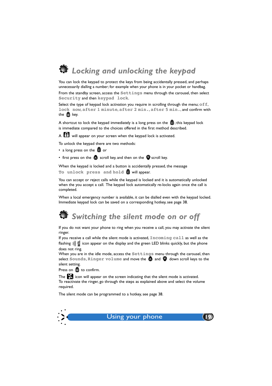 Locking and unlocking the keypad, Switching the silent mode on or off, Ypad 19 | Using your phone | Philips GenieDB User Manual | Page 22 / 61