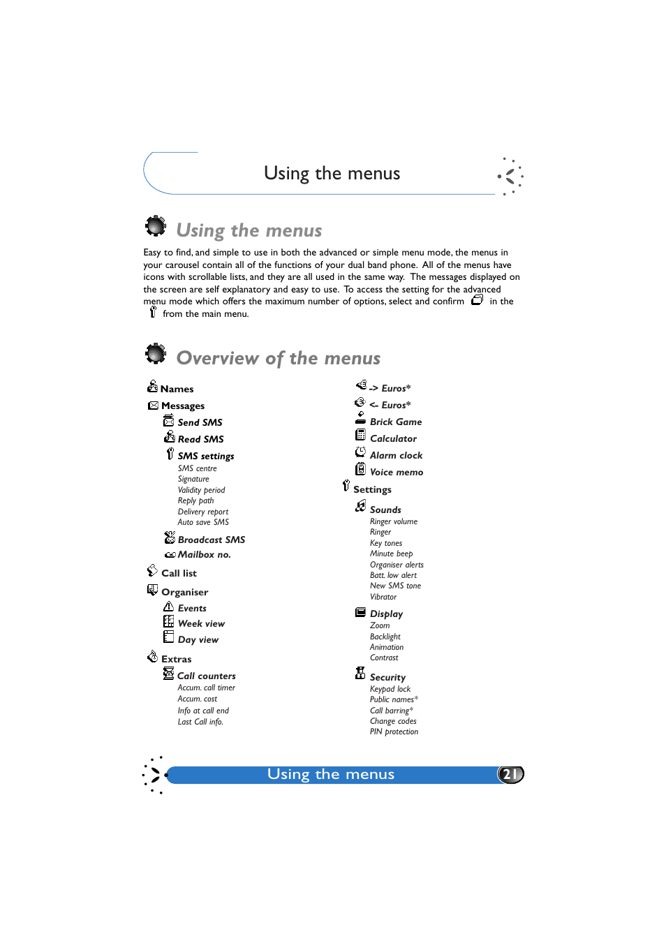 Using the menus, Overview of the menus | Philips GenieDB User Manual | Page 24 / 61