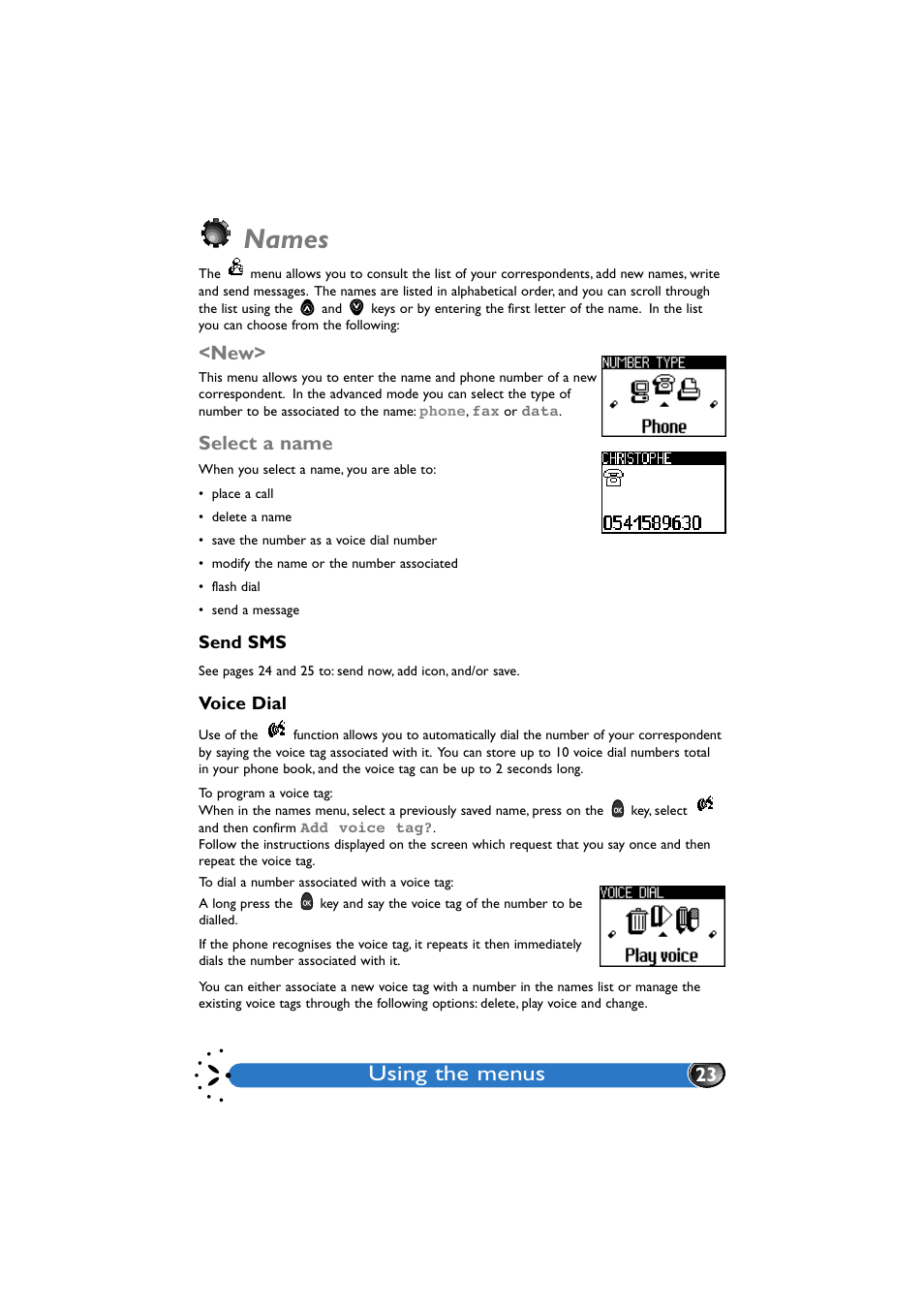 Names, Select a name, Send sms | Voice dial, Names 23, W> 23, Using the menus | Philips GenieDB User Manual | Page 26 / 61