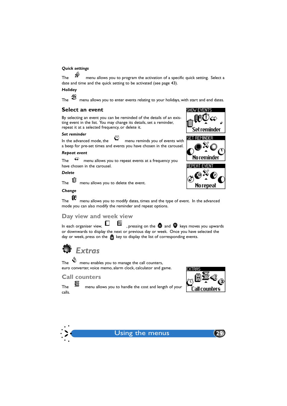 Quick settings, Holiday, Select an event | Set reminder, Repeat event, Delete, Change, Day view and week view, Extras, Call counters | Philips GenieDB User Manual | Page 32 / 61