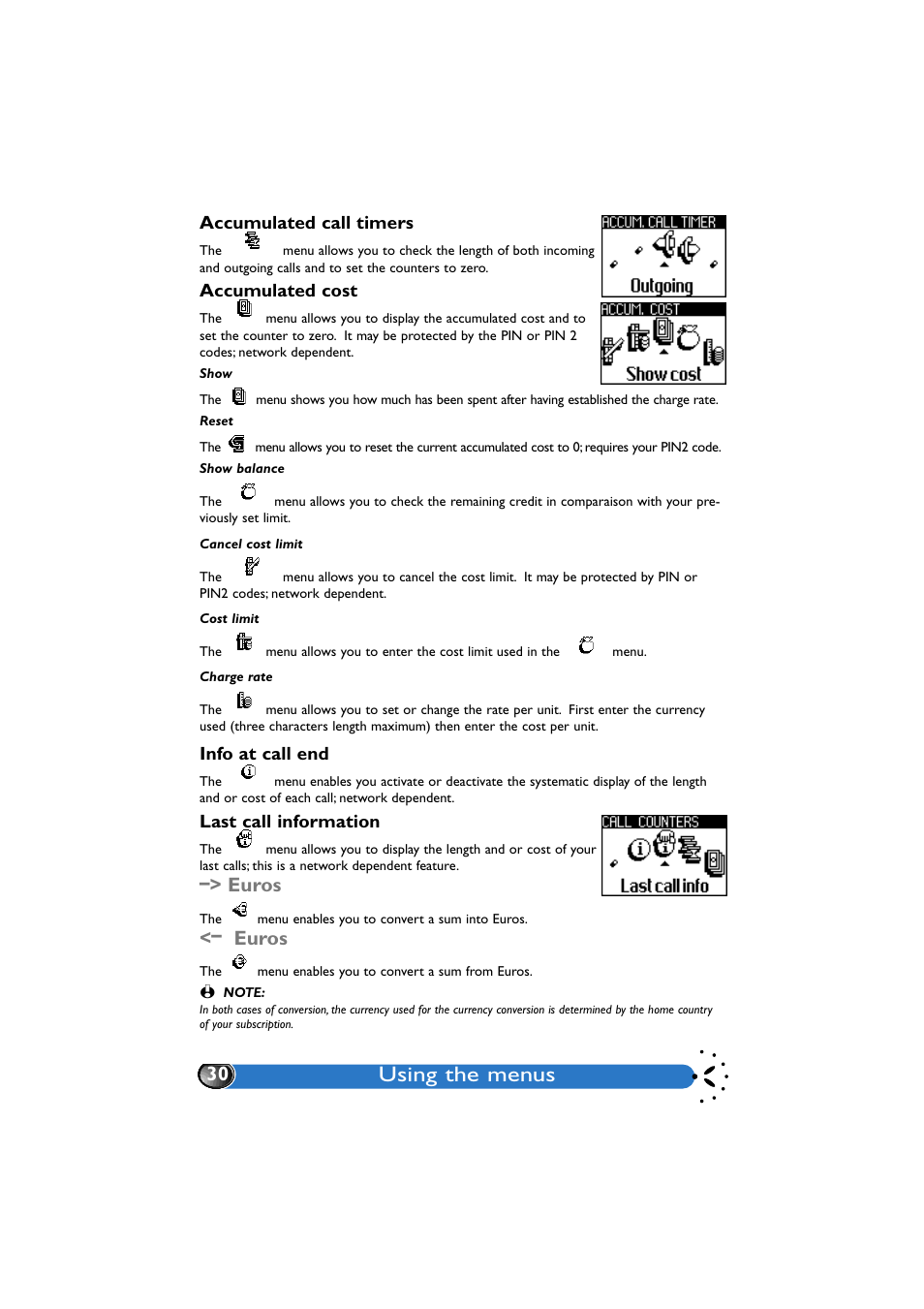 Accumulated call timers, Accumulated cost, Show | Reset, Show balance, Cancel cost limit, Cost limit, Charge rate, Info at call end, Last call information | Philips GenieDB User Manual | Page 33 / 61