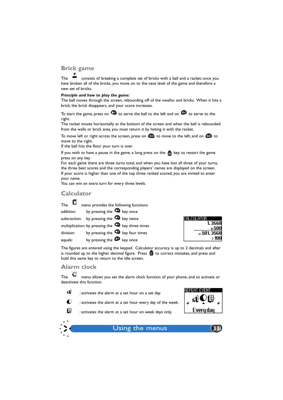 Brick game, Calculator, Alarm clock | Calculator 31, Using the menus, 31 brick game | Philips GenieDB User Manual | Page 34 / 61
