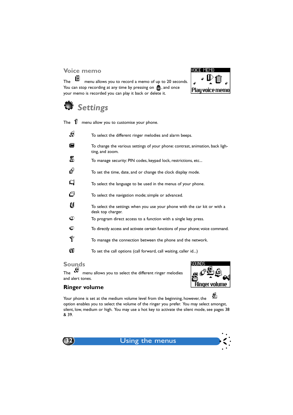 Voice memo, Settings, Sounds | Ringer volume, Settings 32, Sounds 32, Using the menus | Philips GenieDB User Manual | Page 35 / 61
