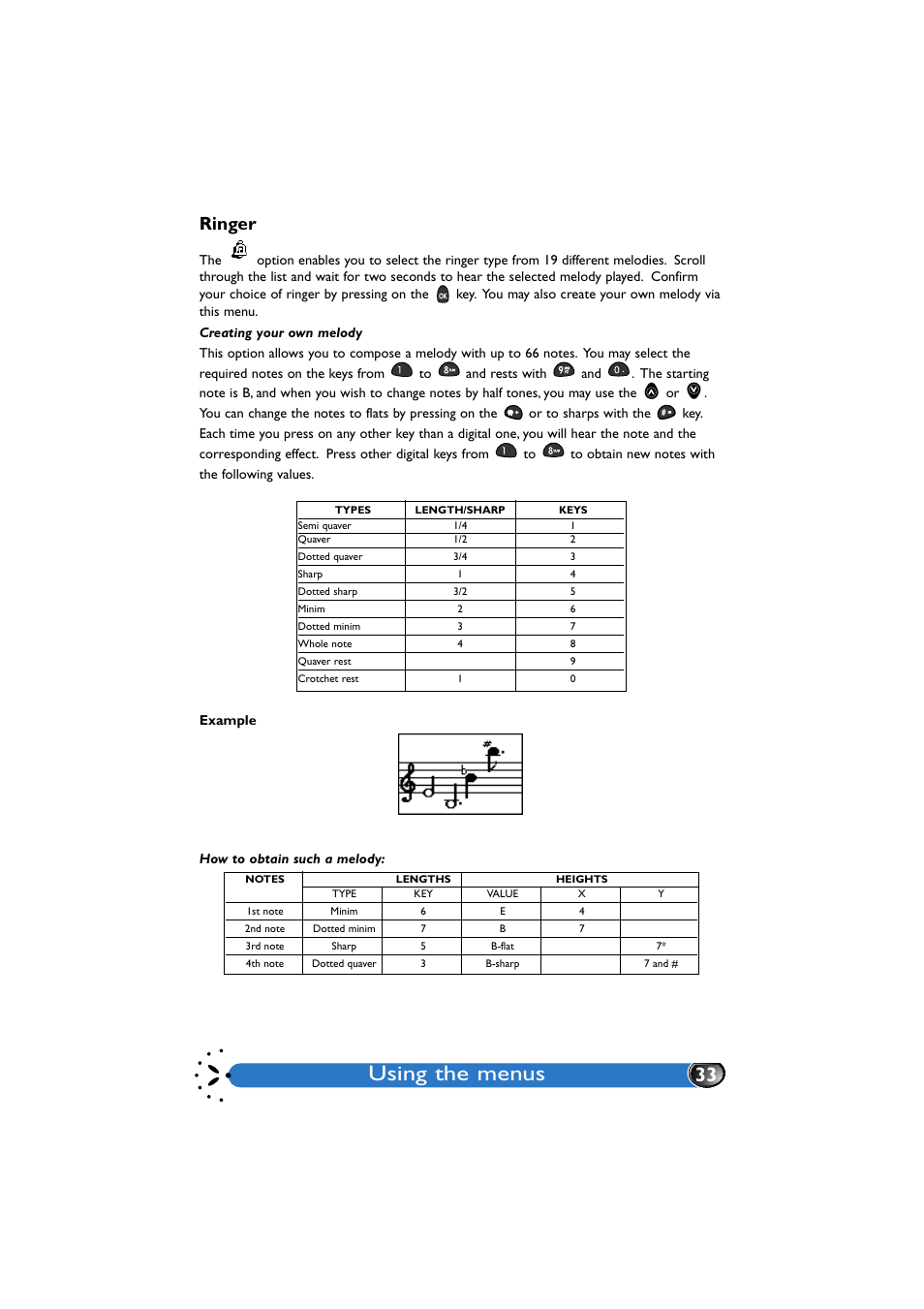 Ringer, Creating your own melody, How to obtain such a melody | Using the menus | Philips GenieDB User Manual | Page 36 / 61