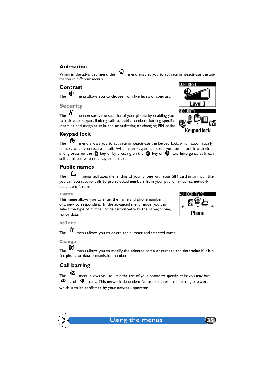 Animation, Contrast, Security | Keypad lock, Public names, Call barring, Security 35, Using the menus | Philips GenieDB User Manual | Page 38 / 61