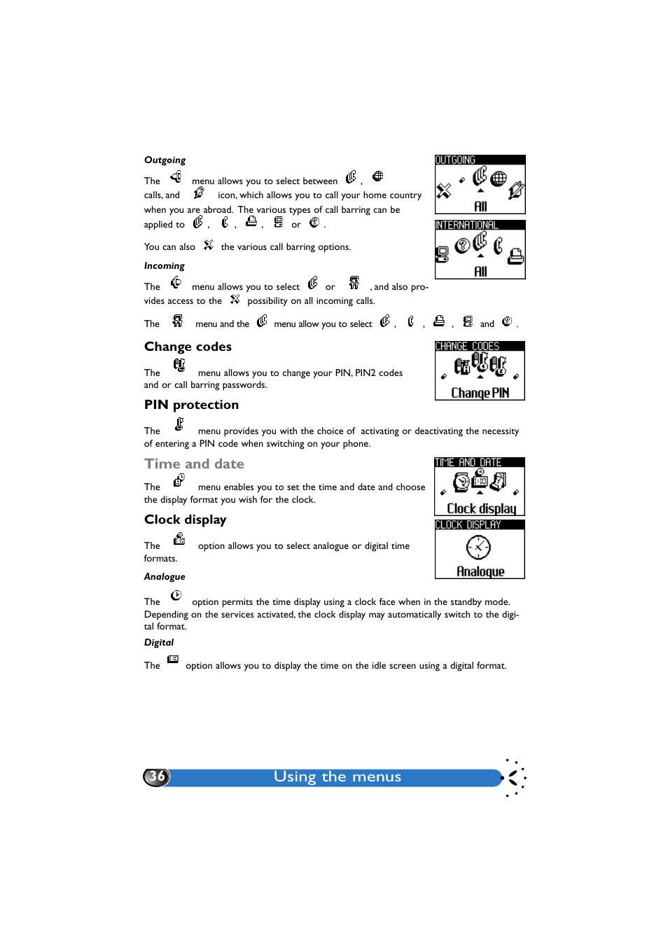 Outgoing, Incoming, Change codes | Pin protection, Time and date, Clock display, Analogue, Digital, Using the menus | Philips GenieDB User Manual | Page 39 / 61