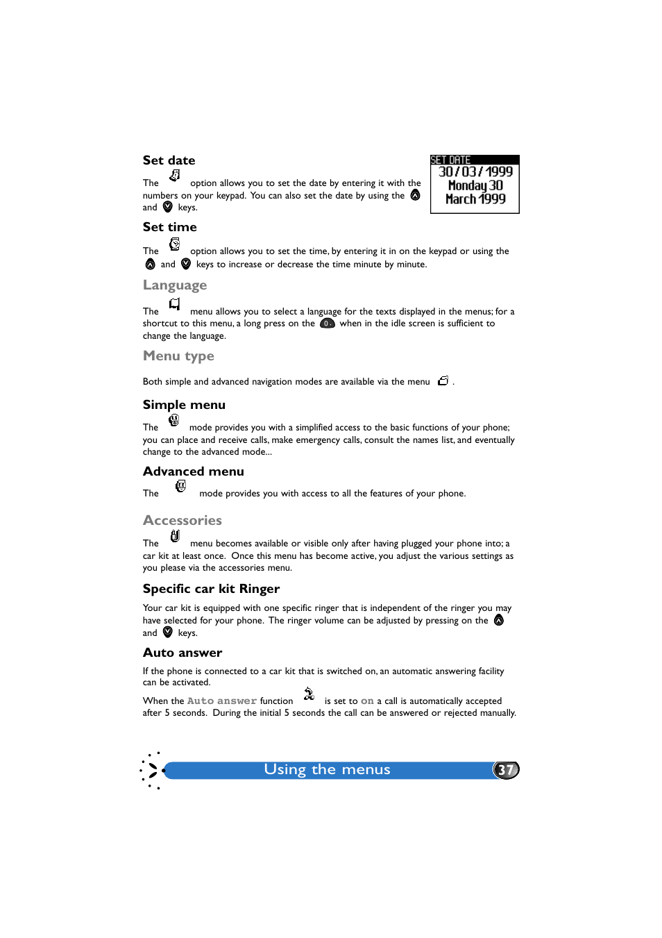 Set date, Set time, Language | Menu type, Simple menu, Advanced menu, Accessories, Specific car kit ringer, Auto answer, Language 37 | Philips GenieDB User Manual | Page 40 / 61