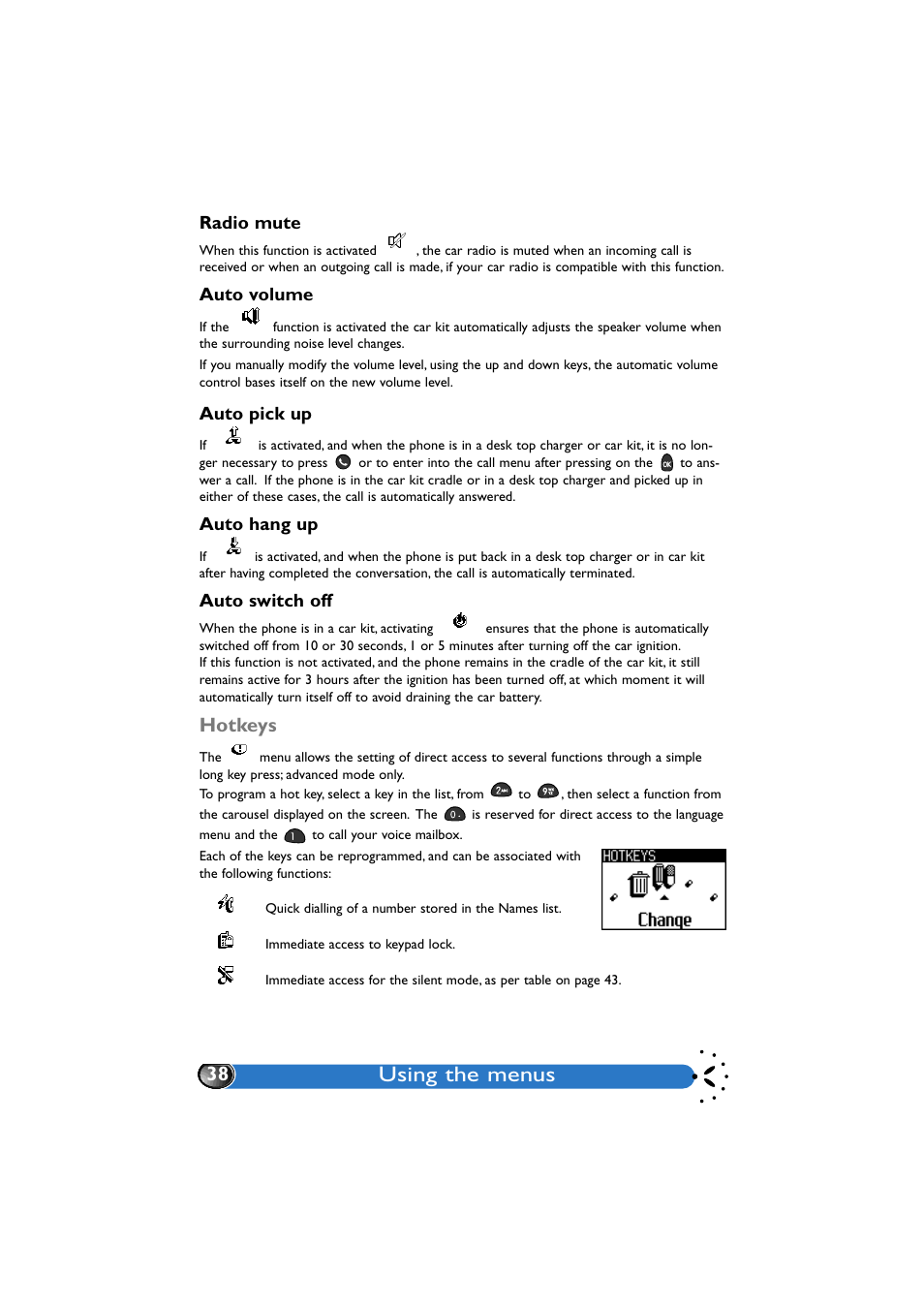 Radio mute, Auto volume, Auto pick up | Auto hang up, Auto switch off, Hotkeys, Using the menus | Philips GenieDB User Manual | Page 41 / 61