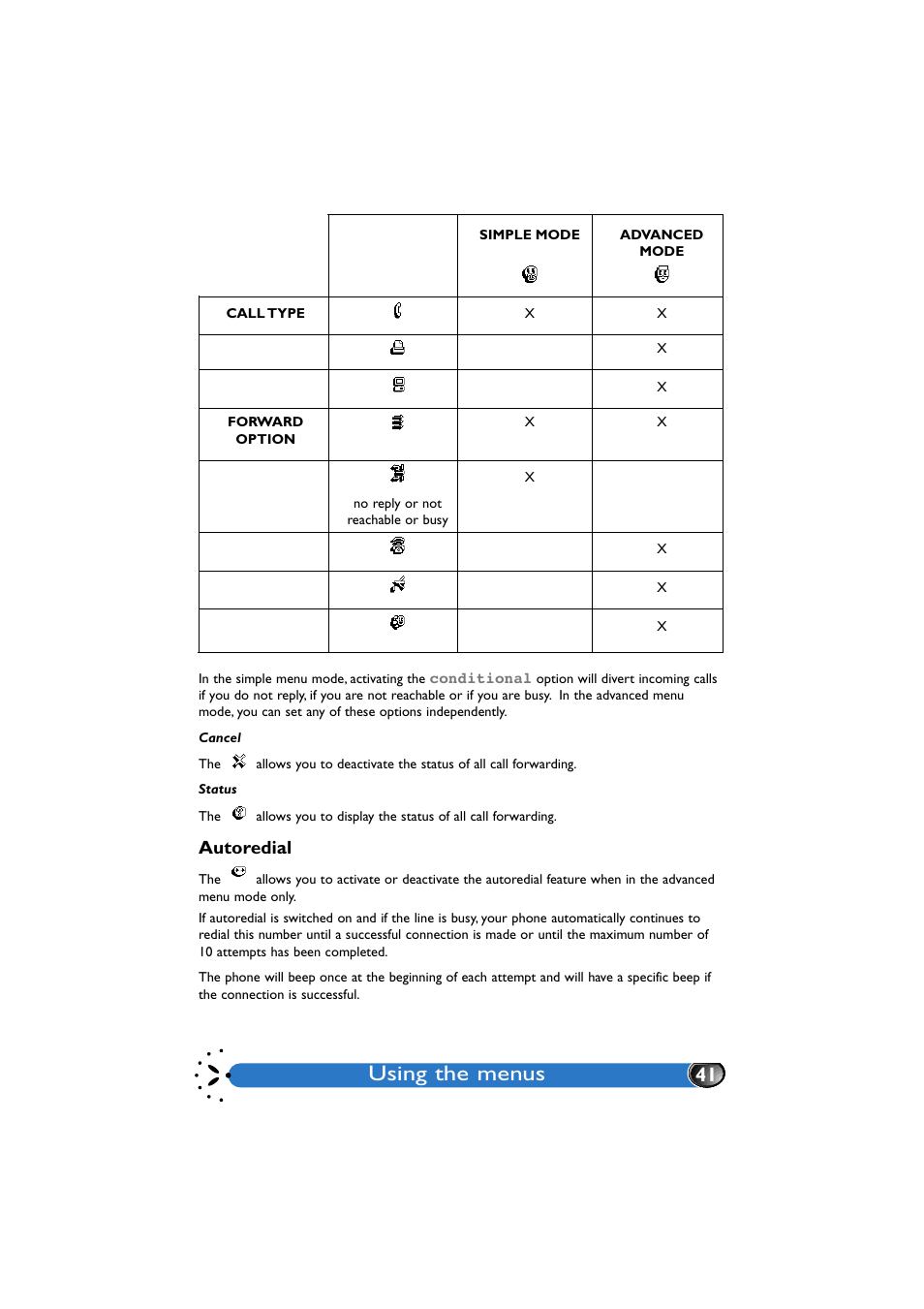 Cancel, Status, Autoredial | Using the menus | Philips GenieDB User Manual | Page 44 / 61