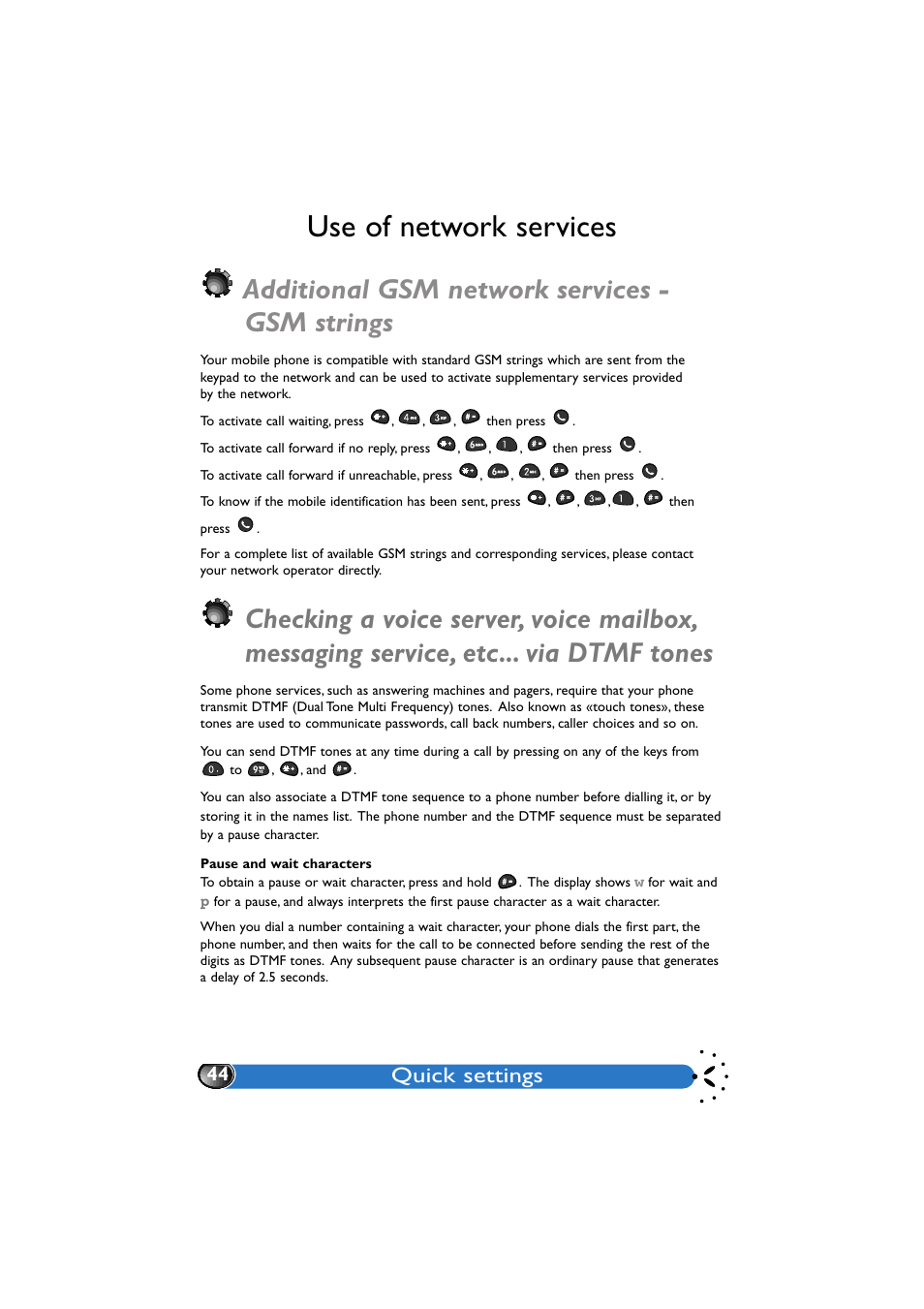 Use of network services, Additional gsm network services -gsm strings, Additional gsm network services - gsm strings | Quick settings | Philips GenieDB User Manual | Page 47 / 61