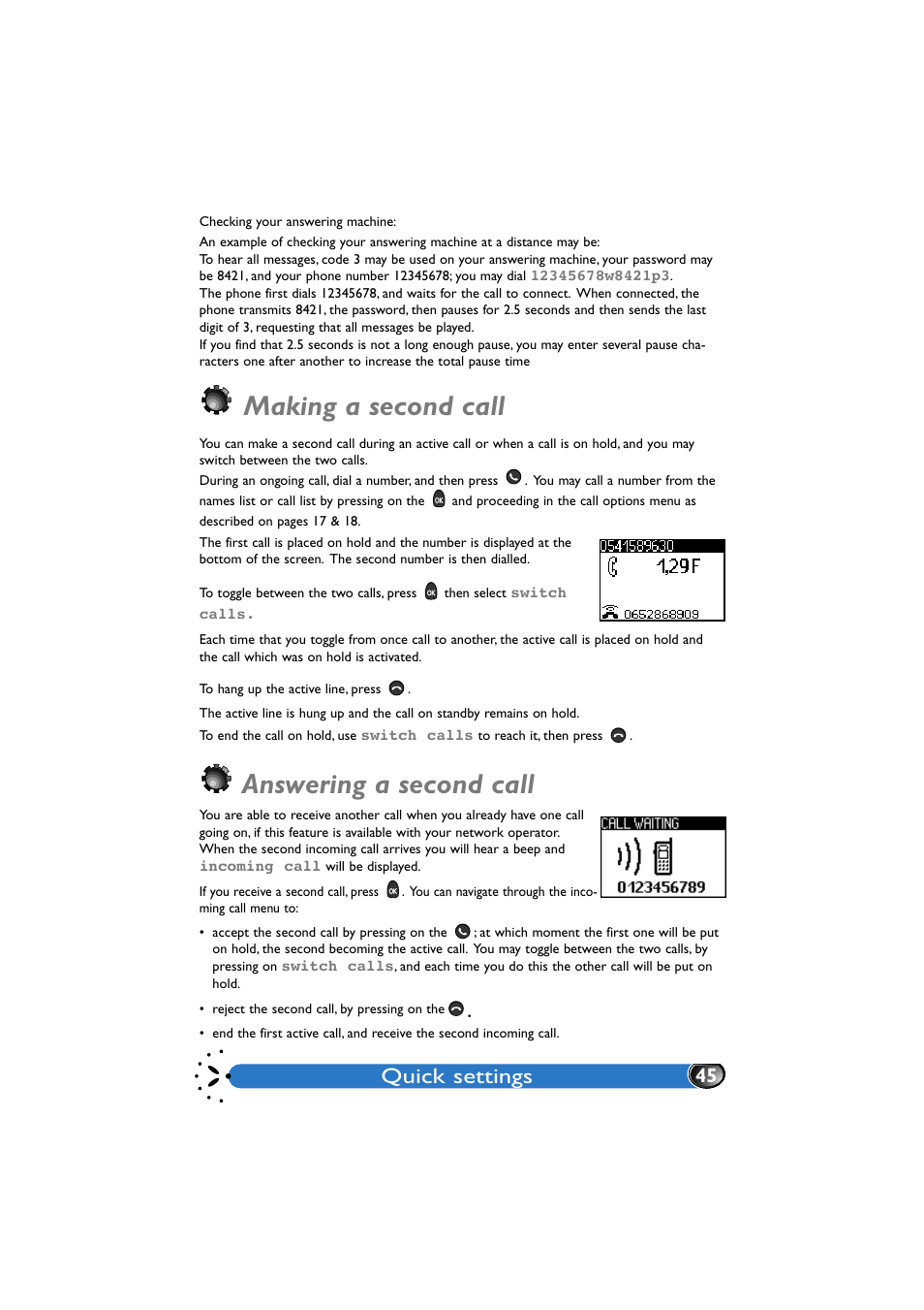 Making a second call, Answering a second call, Quick settings | Philips GenieDB User Manual | Page 48 / 61