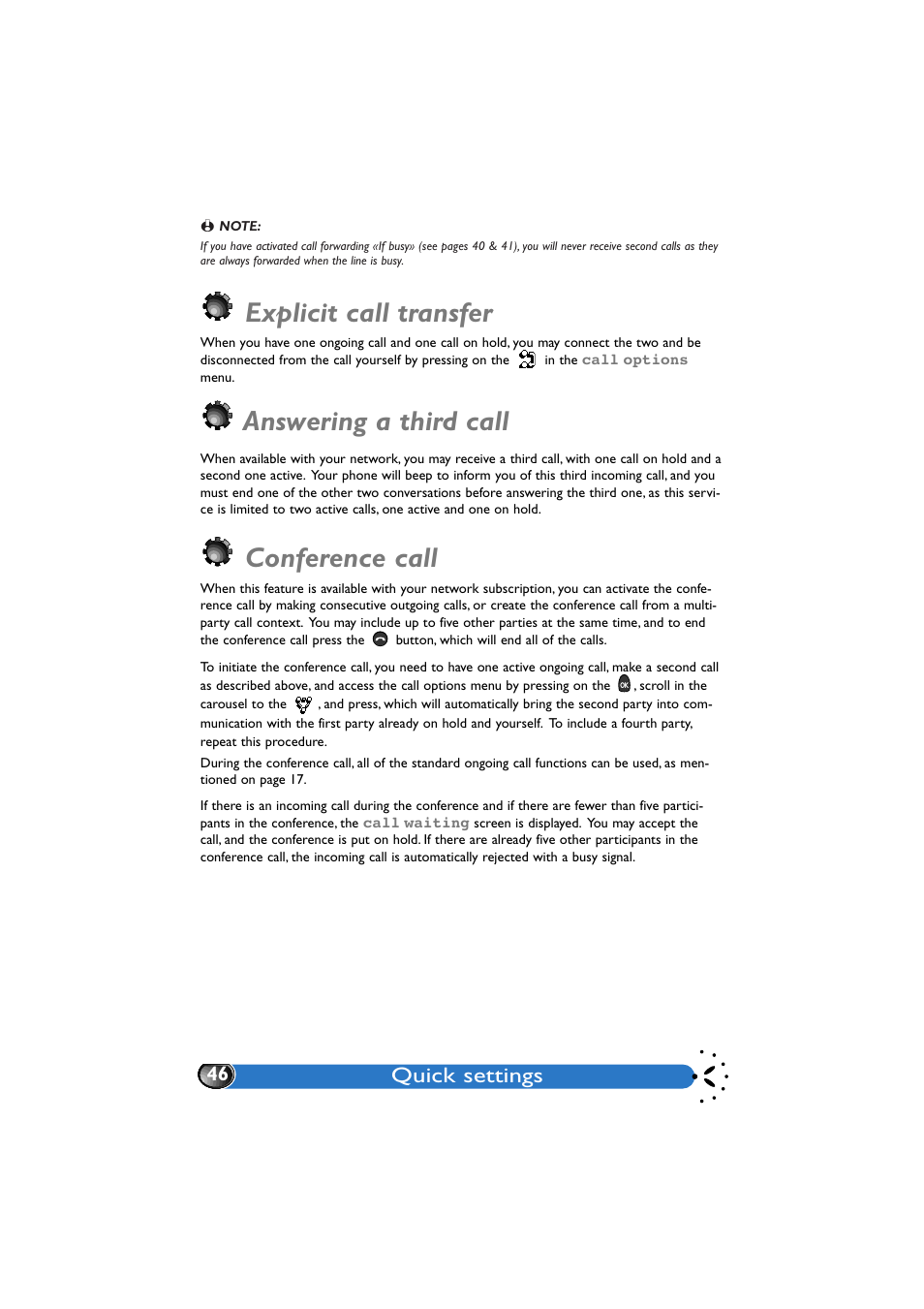 Explicit call transfer, Answering a third call, Conference call | Quick settings | Philips GenieDB User Manual | Page 49 / 61