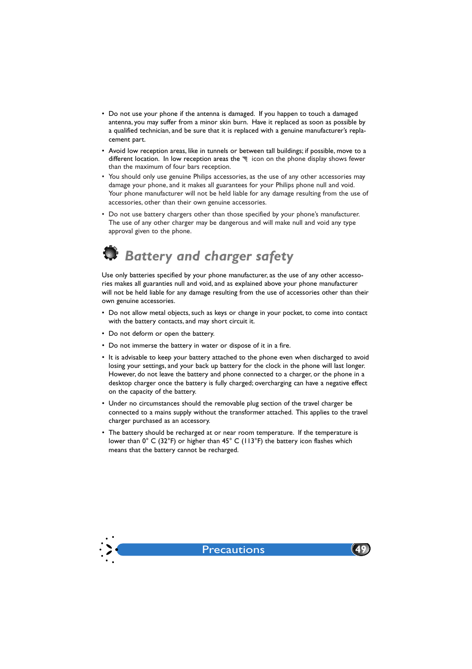 Battery and charger safety, Precautions | Philips GenieDB User Manual | Page 52 / 61