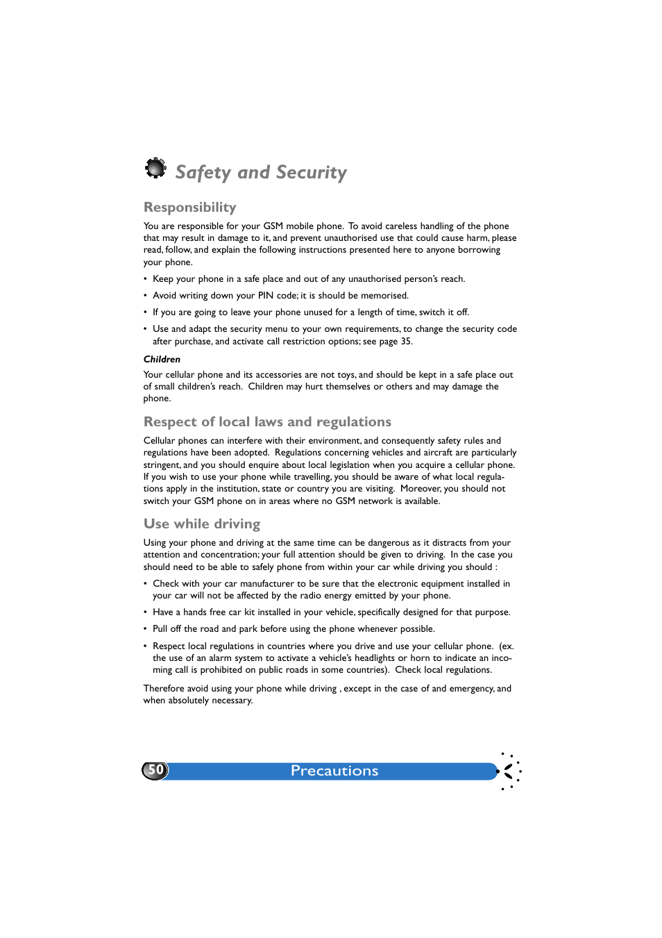 Safety and security, Responsibility, Respect of local laws and regulations | Use while driving, Precautions | Philips GenieDB User Manual | Page 53 / 61