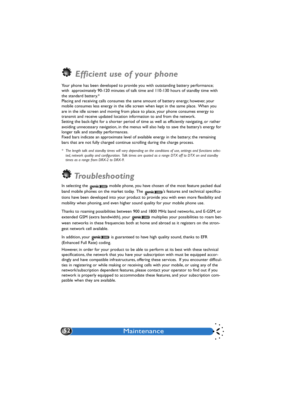 Efficient use of your phone, Troubleshooting, Maintenance | Philips GenieDB User Manual | Page 55 / 61