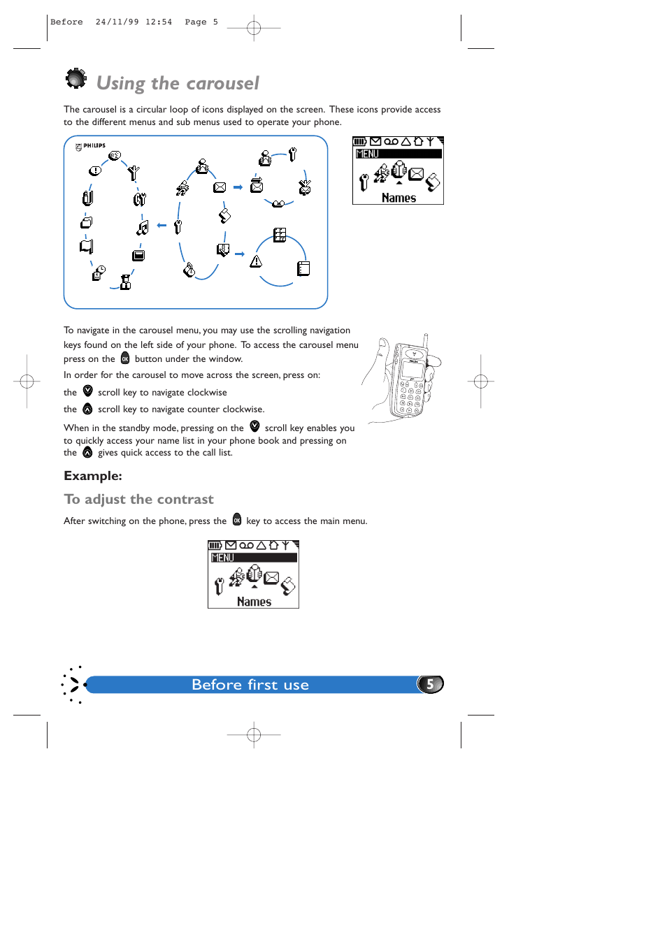 Using the carousel, Example, To adjust the contrast | Example 5, Before first use | Philips GenieDB User Manual | Page 8 / 61