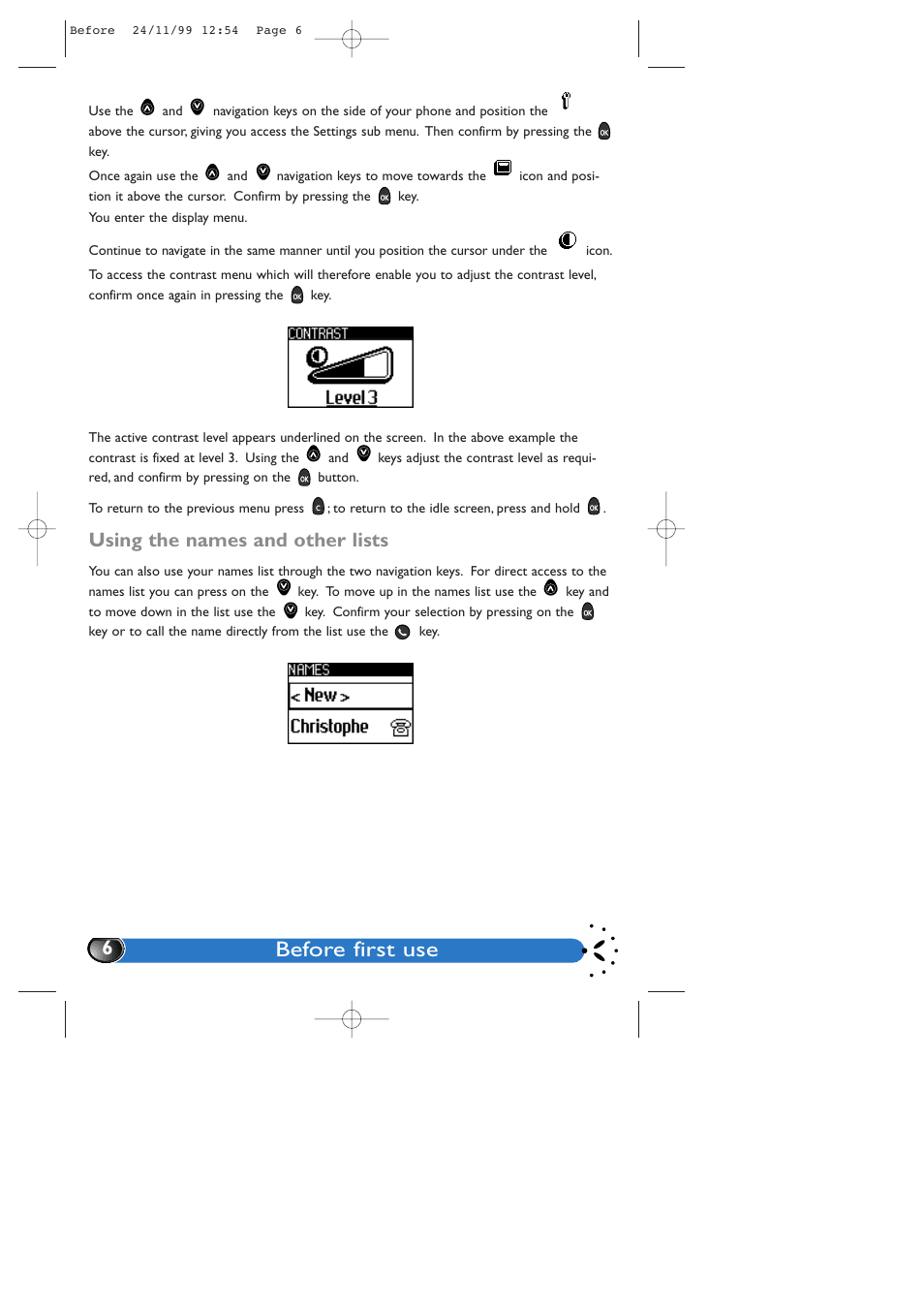 Using the names and other lists, Before first use | Philips GenieDB User Manual | Page 9 / 61