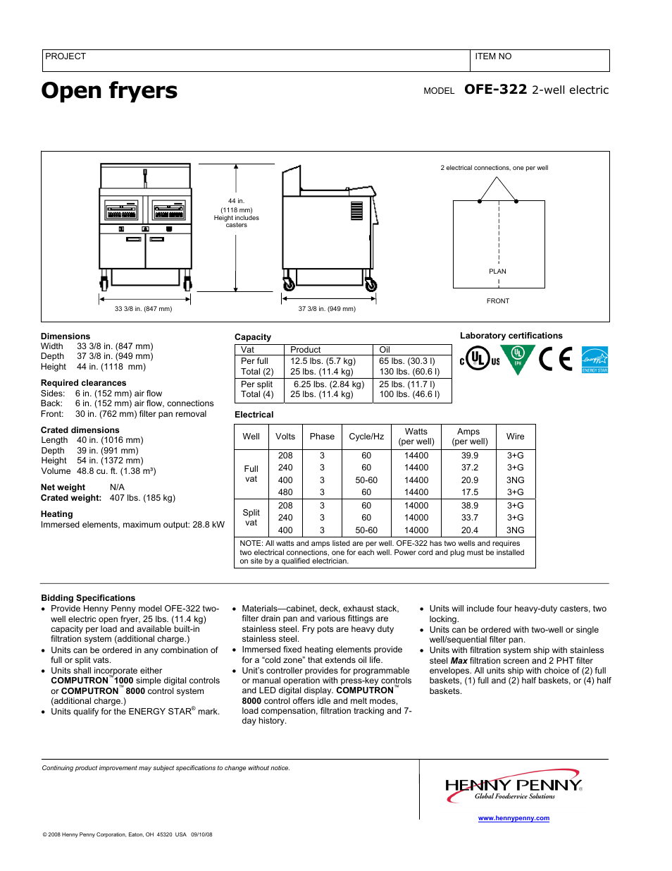 Open fryers, Ofe-322 | Henny Penny OFE-322 User Manual | Page 2 / 2