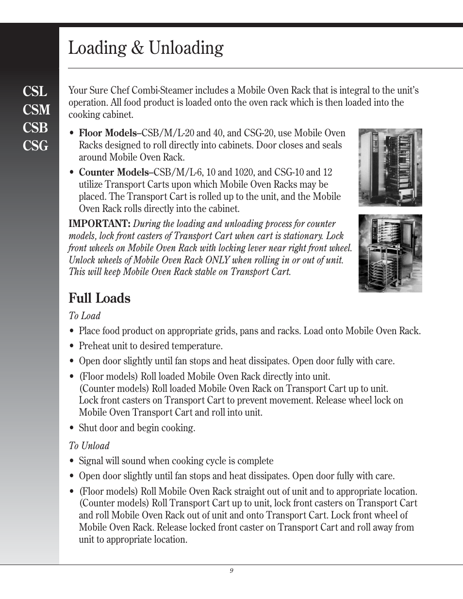Loading & unloading, Csl csm csb csg, Full loads | Henny Penny CSG User Manual | Page 10 / 94