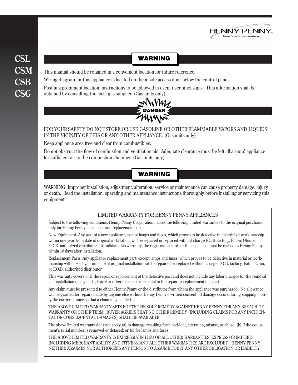 Csl csm csb csg | Henny Penny CSG User Manual | Page 2 / 94
